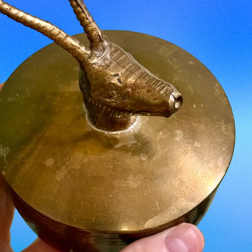 Vintage Brass Gazelle Antelope Head Lidded Trinket Box