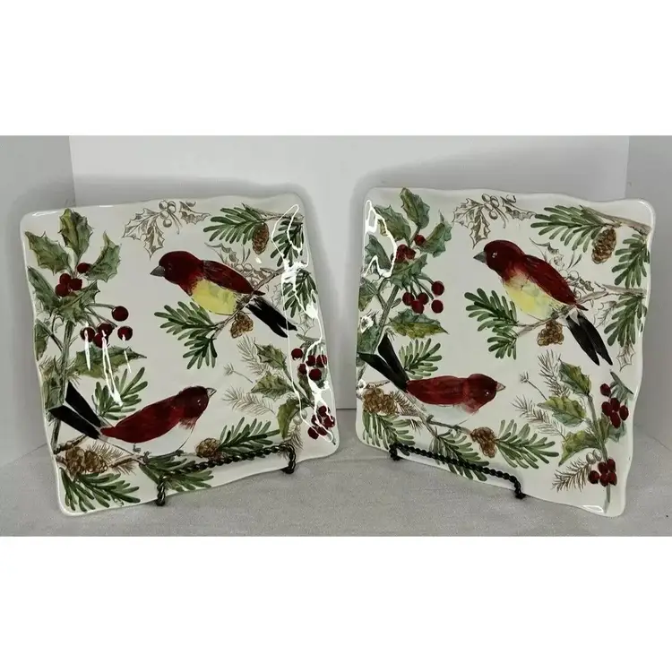 Pair Christmas Holiday Birds 11” Square Platters by Maxcera