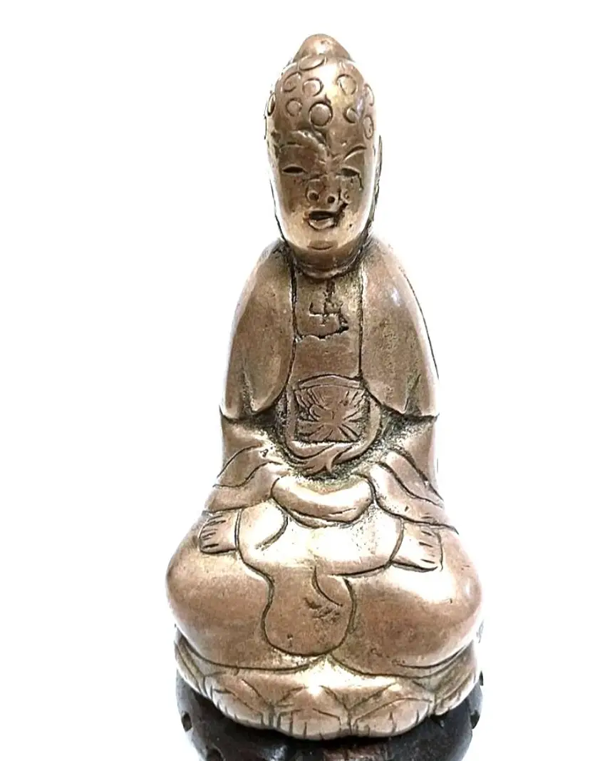Bronze Statue Seated Guanyin Meditating Alter Piece 6.5" Wooden Base