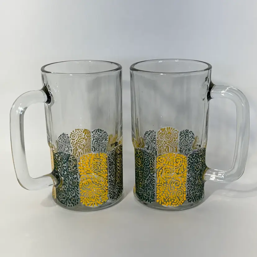 Vintage Anchor Hocking Beer Mugs Heavy Glass 16 oz Decor Green Yellow Painted