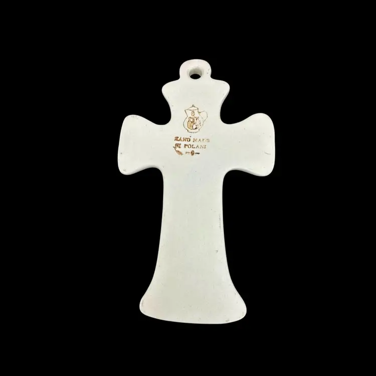 Boleslawiec Polish Pottery Christian Cross Handmade Blue Green Floral Butterfly Cross 7 1/4”