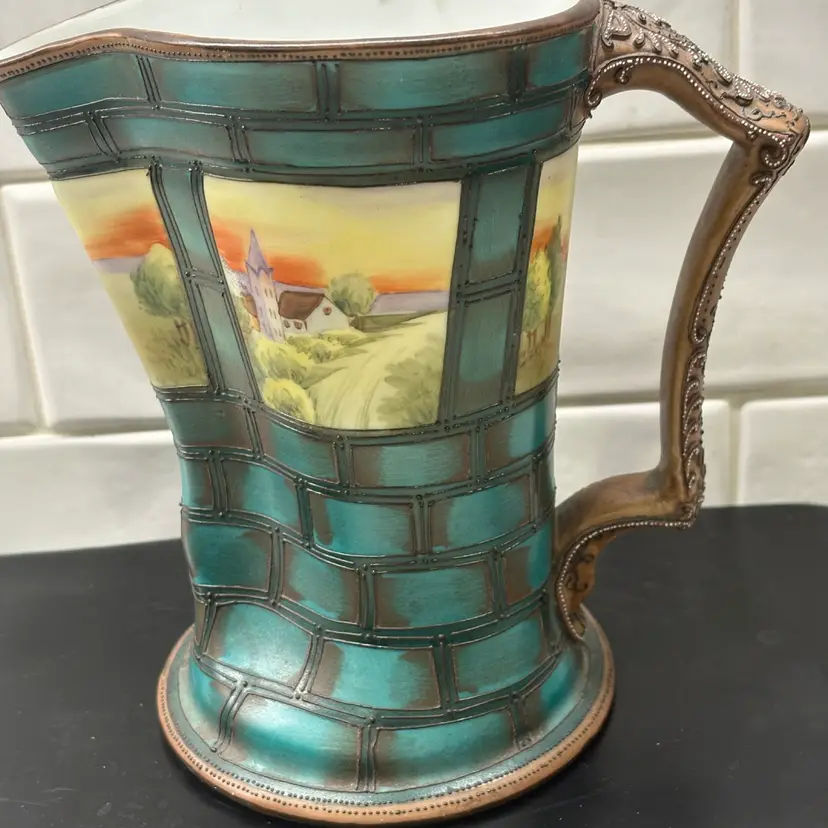 Antique Nippon Moriage Pitcher Hand Painted Scenic Landscape Teal Gold 7 Inches