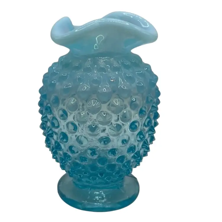 Vintage Fenton Blue Opalescent Hobnail Glass Ruffled Edge Vase