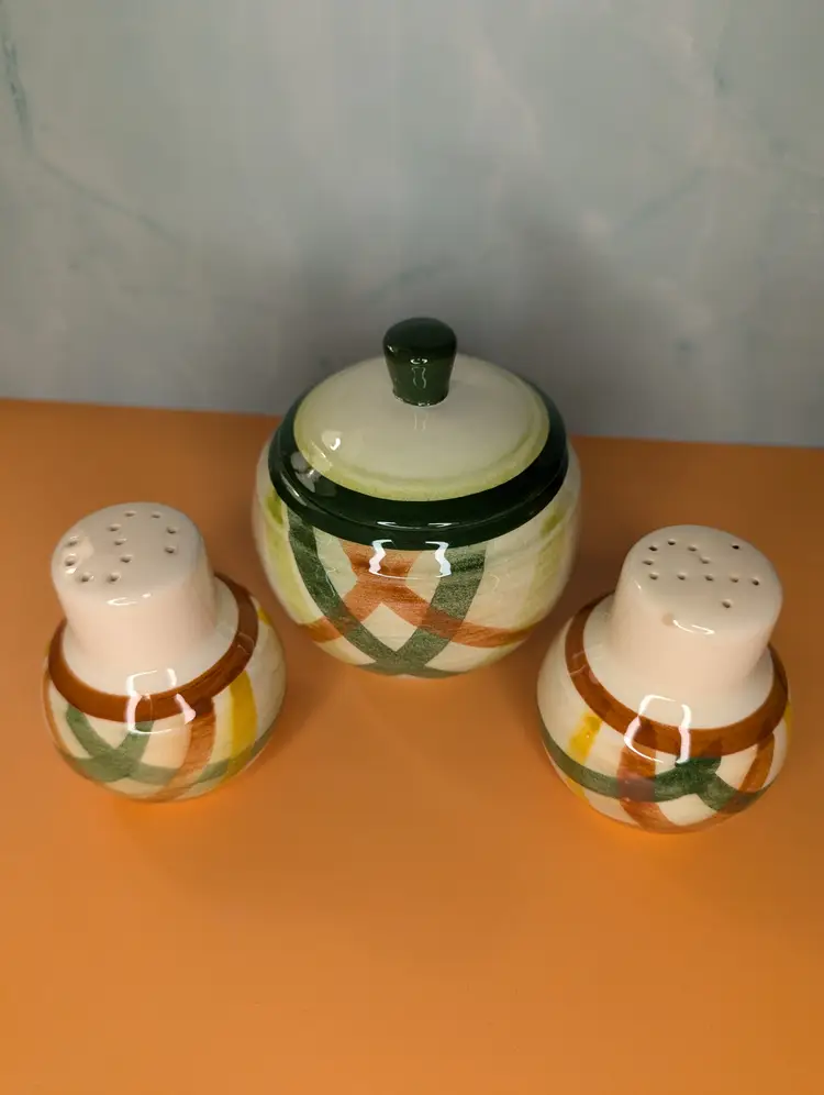 Vernonware Plaid Salt & Pepper and Sugar Bowl with Lid Made in USA