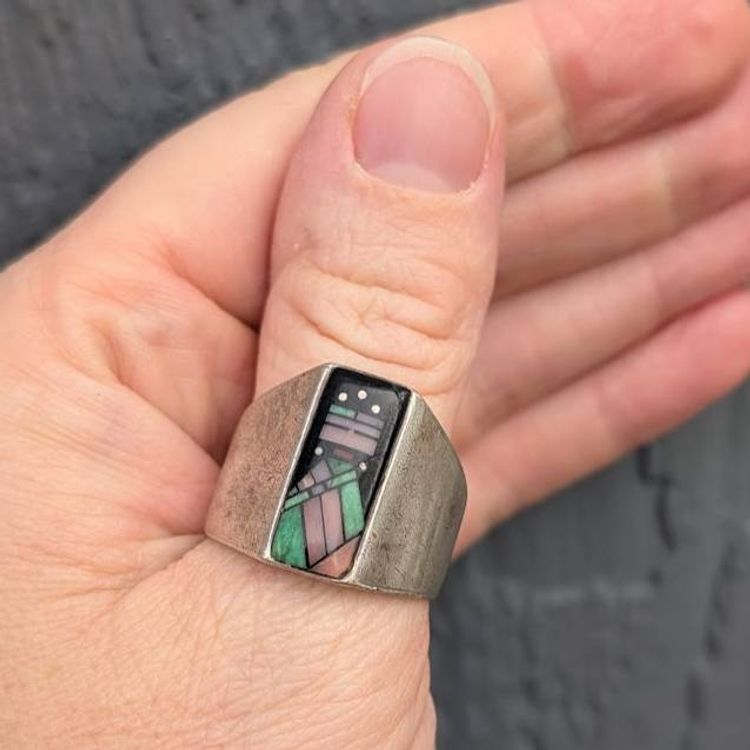 Vintage Navajo Jim Harrison Handmade Sterling Multi Stone Inlay Yei Ring 11.25