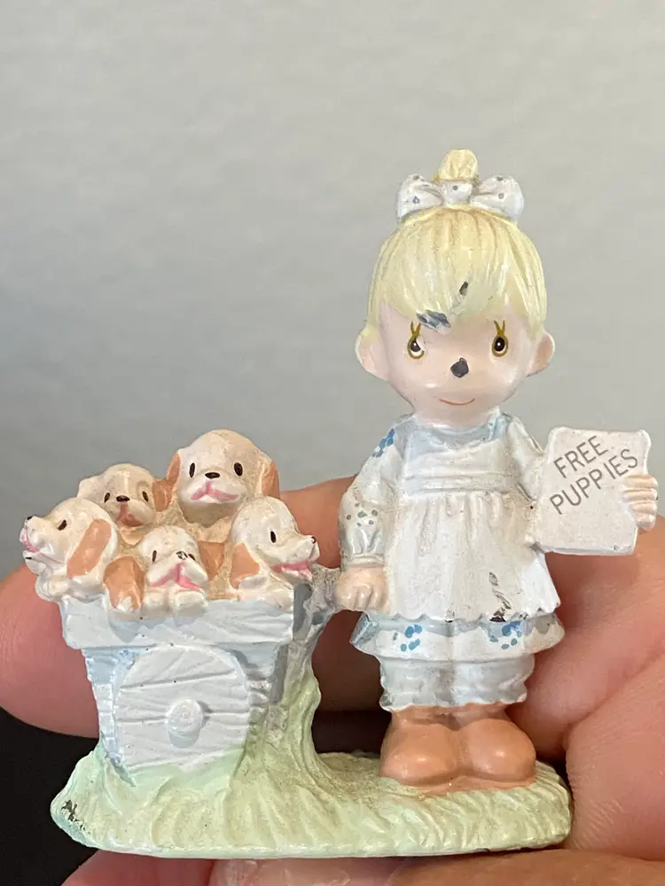 Precious Moments "God Loveth a Cheerful Giver" aka "Free Puppies, 1989 Pewter 2" Miniature Figurine