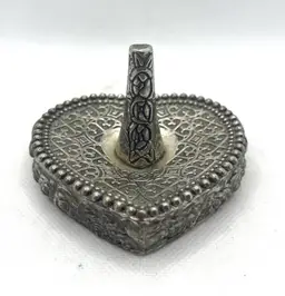 Vintage Silver Tone Metal Heart Ring Holder , Ring Tree , Dish , Trinket Tray , Vanity Decor