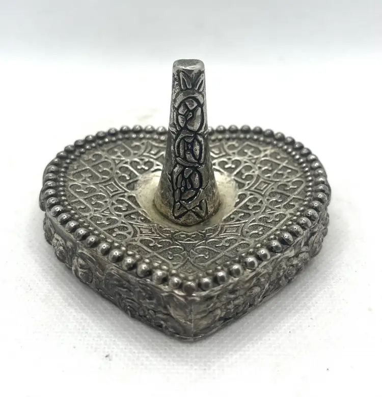 Vintage Silver Tone Metal Heart Ring Holder , Ring Tree , Dish , Trinket Tray , Vanity Decor