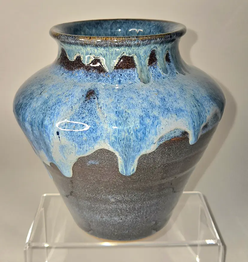 93  Stoneware Pottery Planter Vase Urn Blue Drip "Midnight Tides" VTG Signed