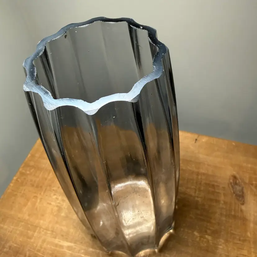 Modern Smoke Grey Ribbed Fluted Glass Cylinder Vase