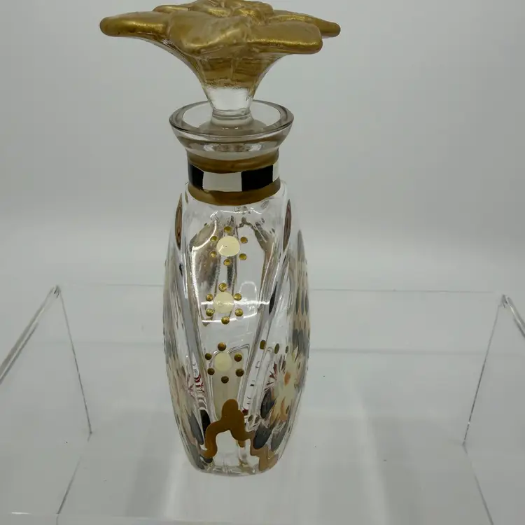 Vintage Hand Painted Kingston Designs Gold Black White Florals Perfume Bottle