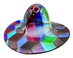 Signed Fused Art Glass Cowboy Wide Brimmed Hat Sculpture Geometric Pink Blue 9”