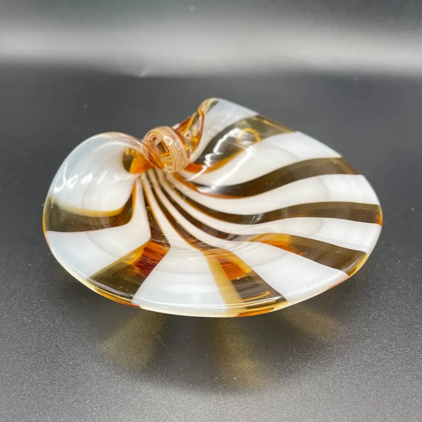 White & Amber Art Glass Trinket Bon Bon Dish Vintage Home Decor