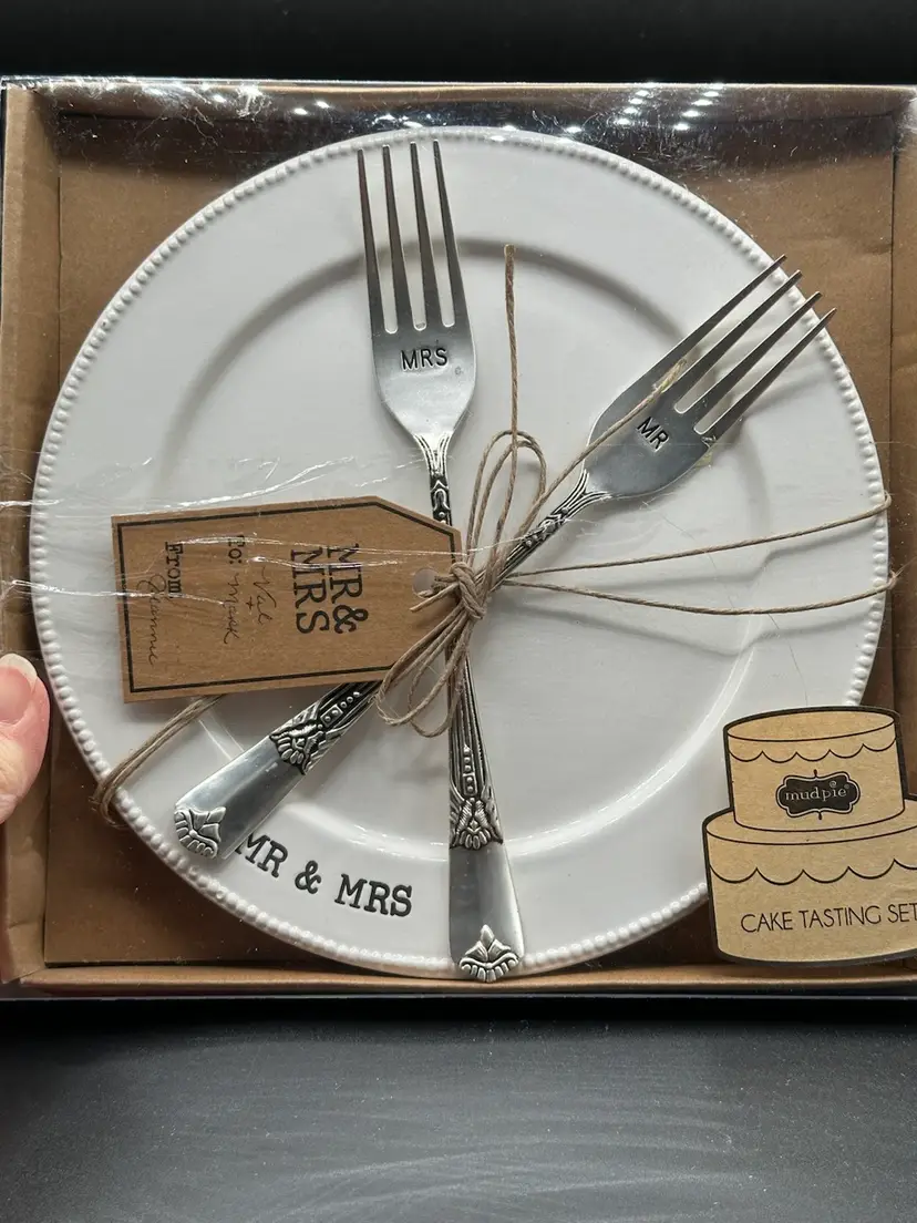 Mud Pie Mr and Mrs Plate and Fork Wedding or Anniversary Serving Set