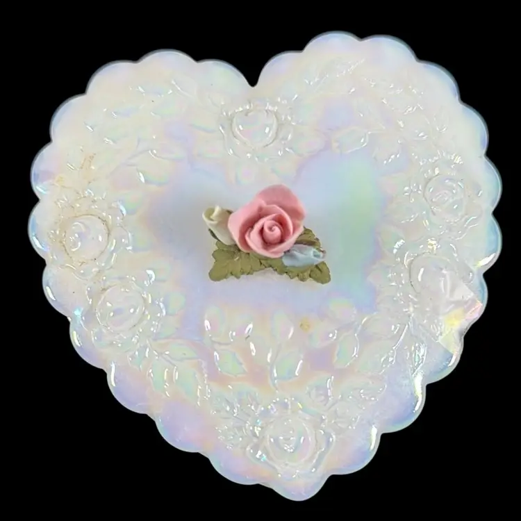 1980s Fenton White Iridescent Cabbage Rose Heart Trinket Box with Applied Ceramic Rose. 4” x 1.5”