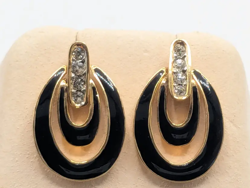 Vintage Gold Tone Black Enameled Rhinestone Door Knocker Earrings Pierced NOS