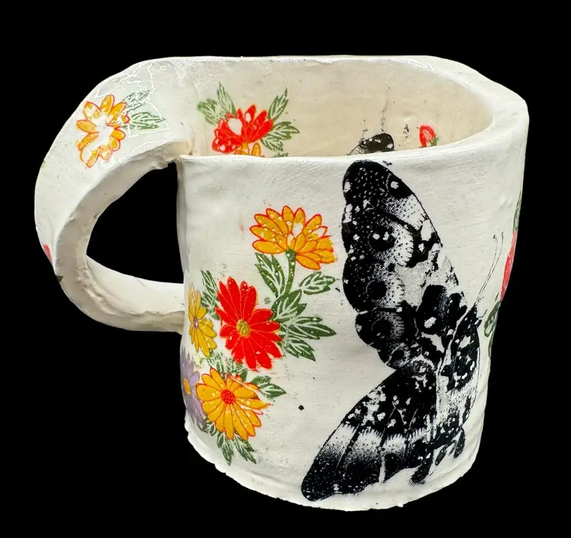 Studio Art Pottery Slab Coffee Cup Mug Handle Butterfly Floral White Red Yellow