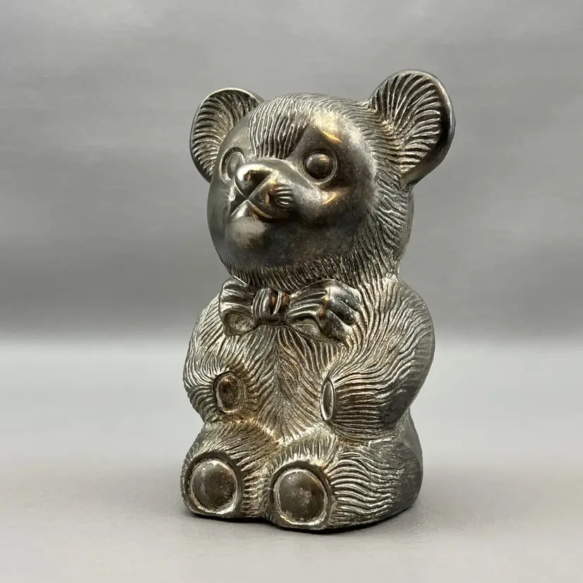 Vintage 5” Metal Teddy Bear With Bow Tie Coin Bank Made In Hong Kong