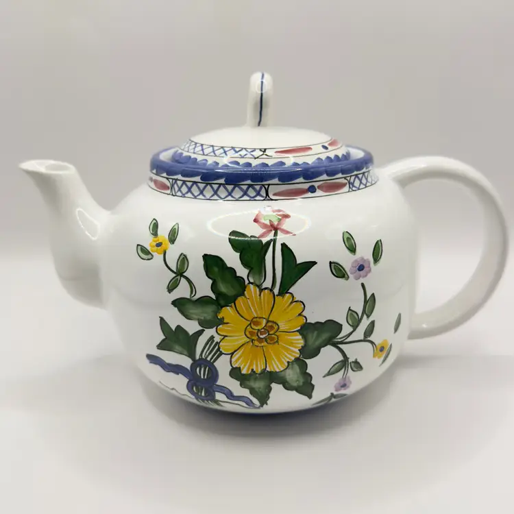 Vintage “Lisbon” Pattern Floral Ceramic Teapot, Hand-Painted Flower Design, Collectible Kitchen Decor, By Tiffany and Co., Made in Portugal