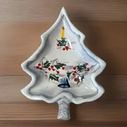 VTG Pottery Small Christmas Tree Dish Hand Painted Holly, Bell, Candle Italy
