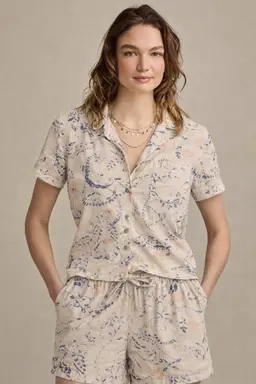 Lucky Brand Pajama Set Button Top & Shorts Floral Beige Pink Sleepwear Womens L