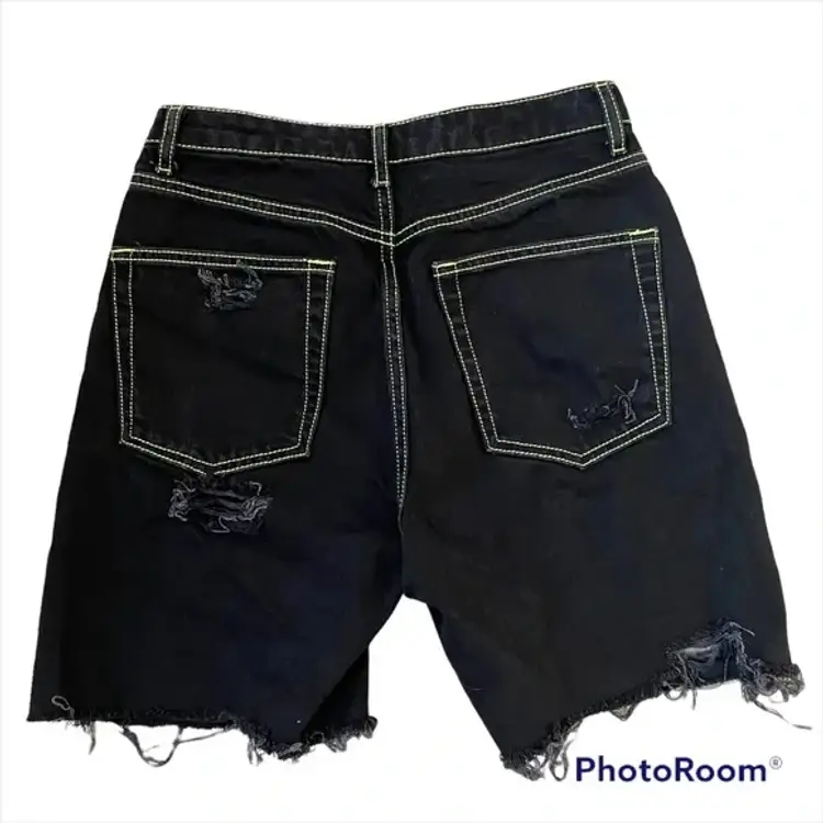 Topshop Distressed High Rise Mom Black Jean Shorts w/ Yellow Stitching Size 28
