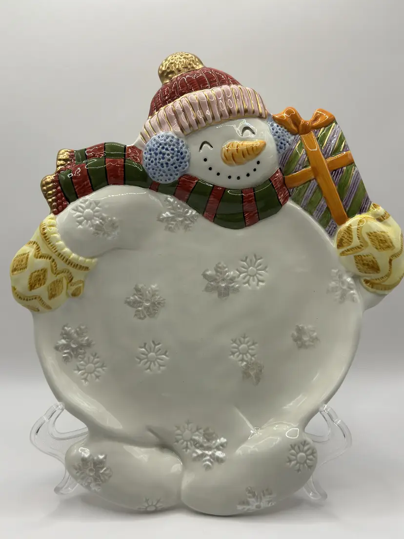 Cheerful Snowman 2010’s Ceramic Canapé Plate, Hand-painted Decor, By Fitz And Floyd, Made In China