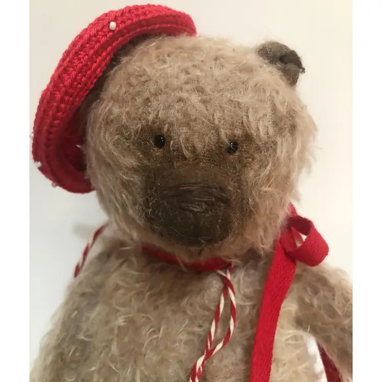 #01 Artist Handmade OOAK Mohair Pot Belly Bear Red Beret & Skeleton Key Around Neck
