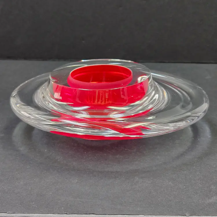 Signed David New-Small Art Glass Paperweight Sculpture Flower Frog Red Clear Modernist