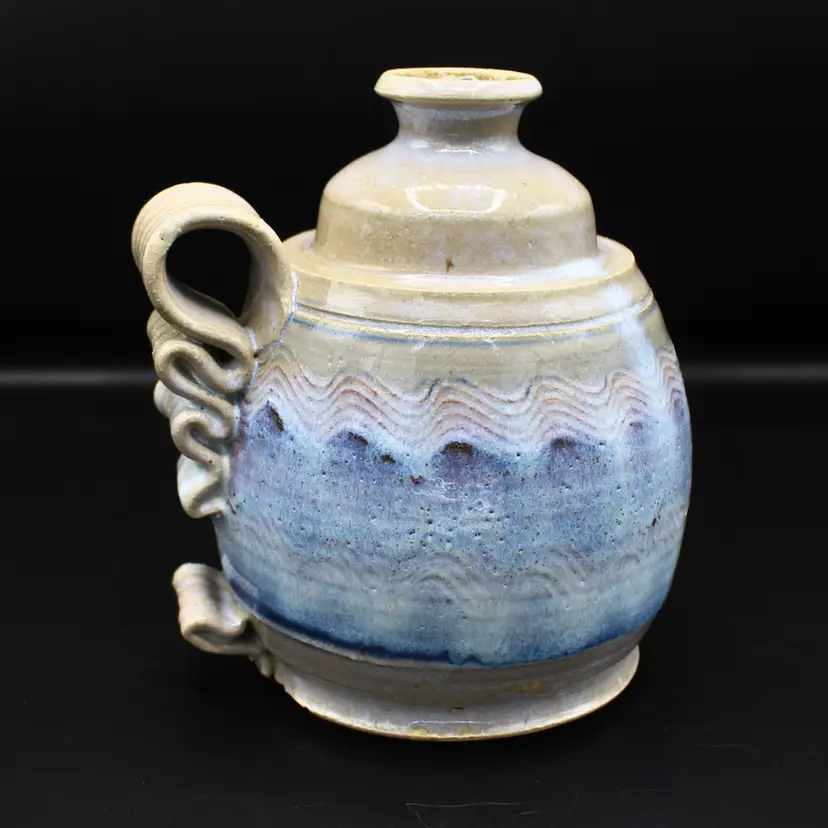 Vintage Studio Art Pottery Vase Handmade Stoneware Ribbon Handle Rustic Decor