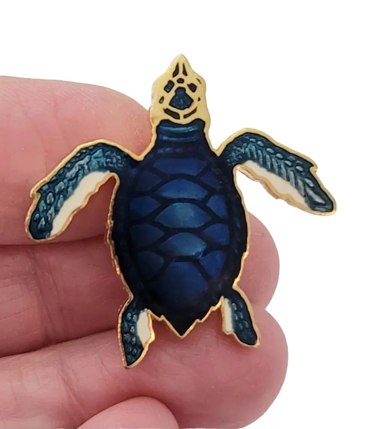 1987 Wm Spear Gold Tone Blue Enamel Sea Turtle Pin, Signed E671