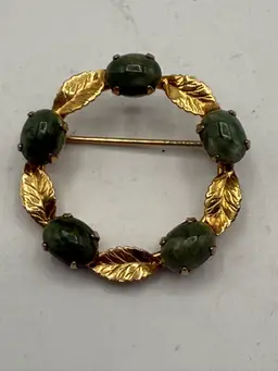Gold Tone Wreath Brooch Gold Tone Green Stones Jade Color