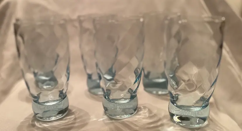 Six (6) Ice Blue Highball Diagonal Diamond Optic Weighted Barware Glasses Rare