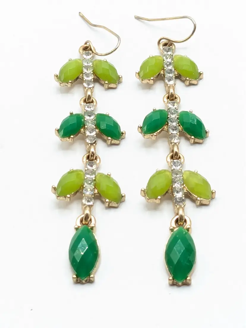 Shades of Green Drop Dangle Pierced Earrings Rhinestones Gold Tone