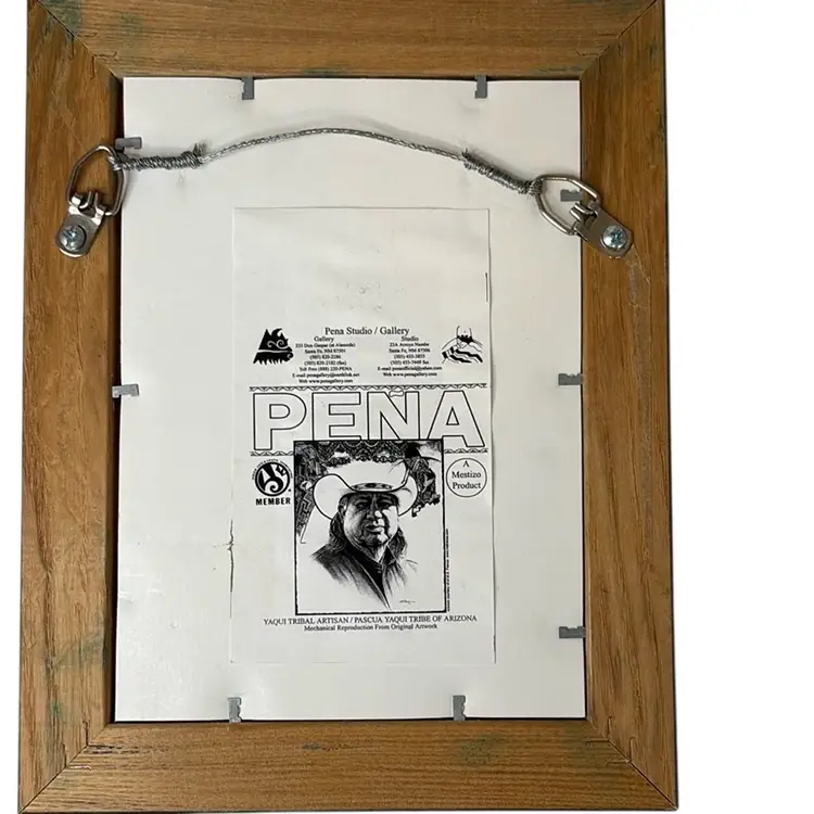 This Is a framed mixed media artwork by artist Amado Maurilio Peña Jr., dated 2009.  
The artwork depicts a figure, likely a Native American woman, in a fluid and stylized manner, a common subject for the artist. 
Peña is known for his work representing Native Americans and their connection to the Land. 
The piece incorporates a small central image mounted on a watercolor background with some small embellishments and a signature at the bottom.