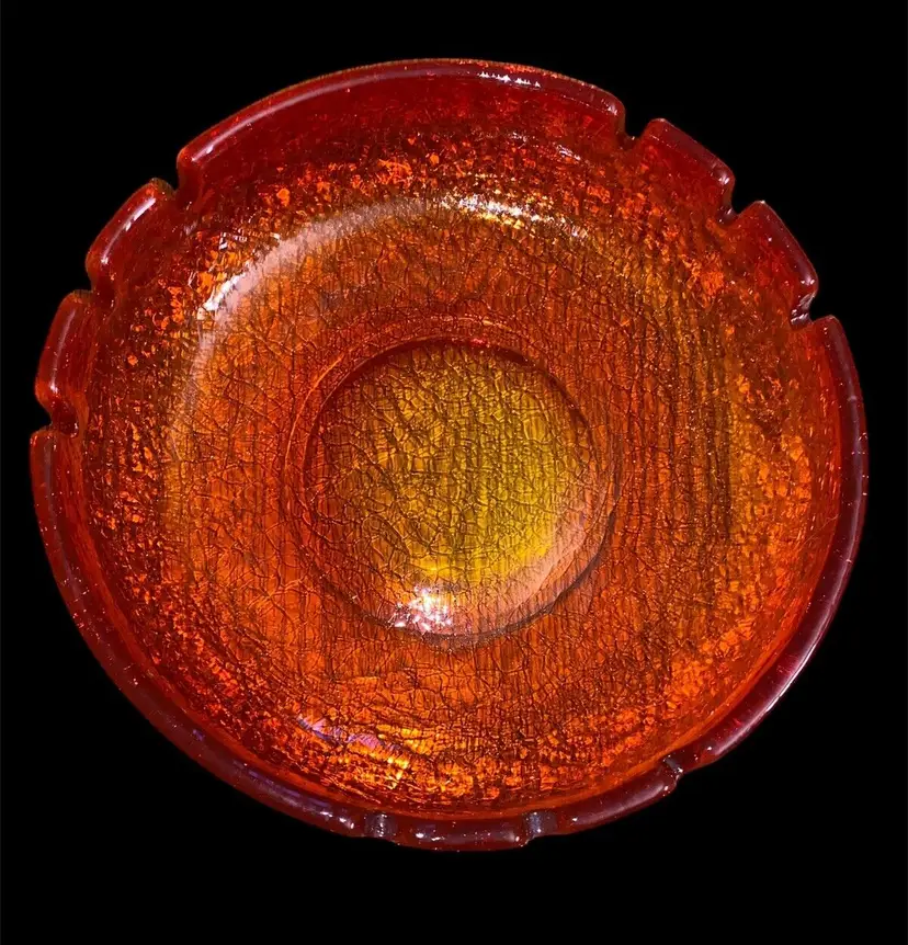 Vintage Large 10” Orange Amberina Crackle Glass Ashtray MCM Mid Century Glows