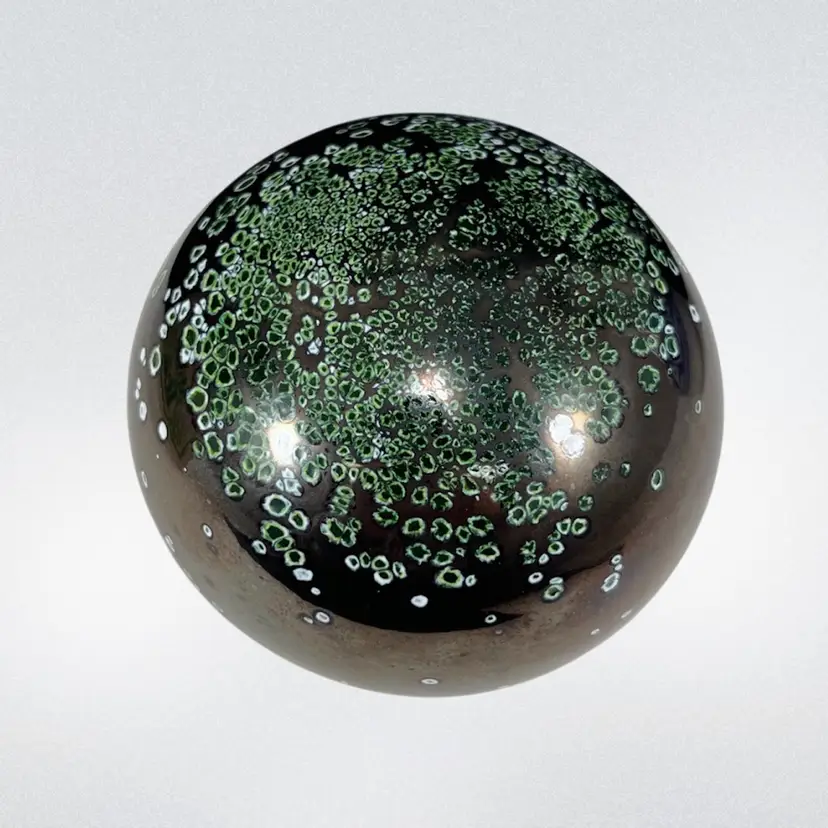 Large Green And White Speckled Glass Paperweight, Oil Slick Glass With Green Dots Paperweight, Abstract Moss Covered Paperweight, Hand Blown Art Glass Paperweight