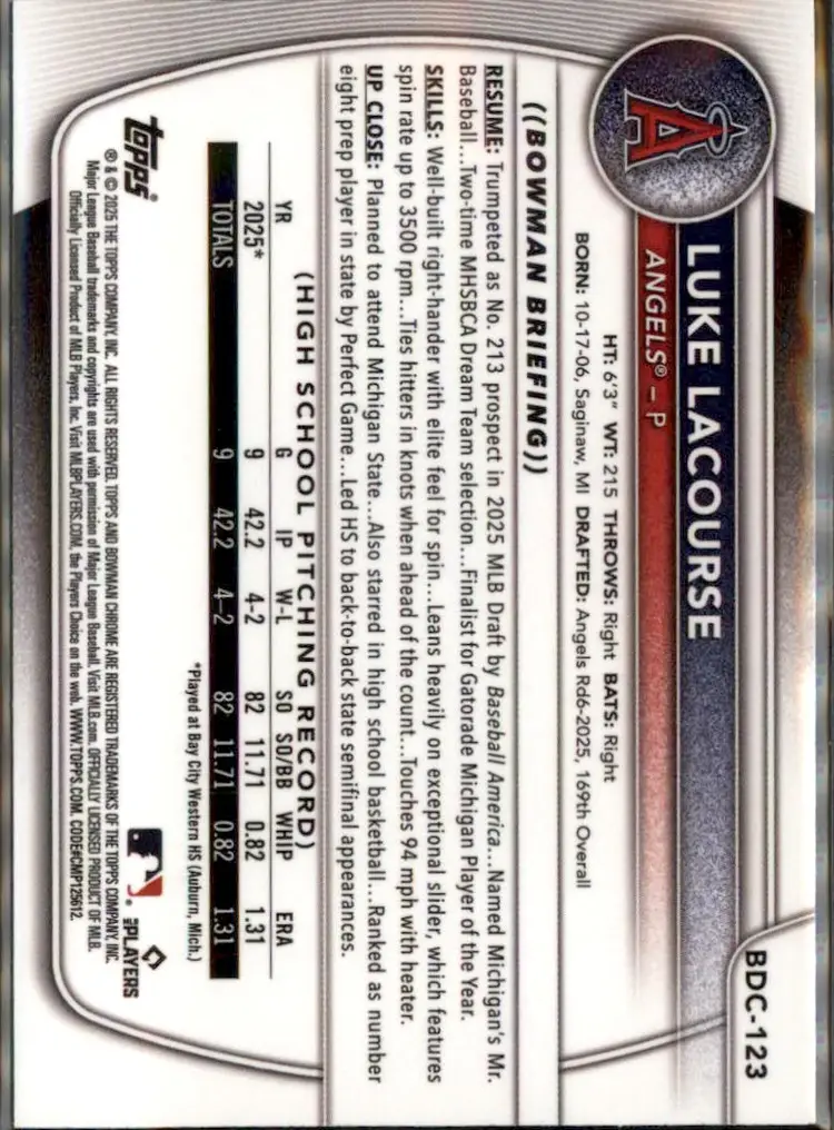 2025 Bowman Draft #BDC-123 Luke LaCourse Chrome Sparkle Refractor - (138) - Los Angeles Angels