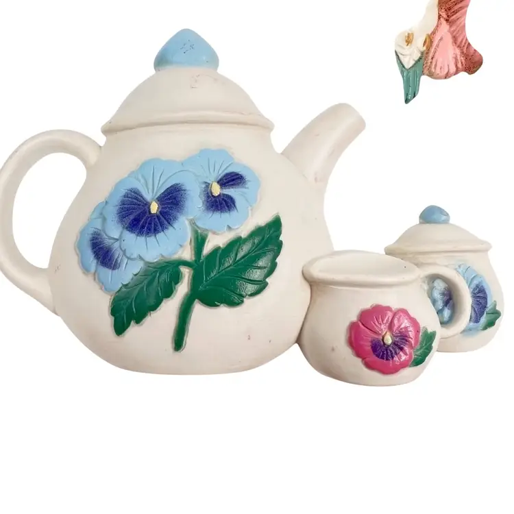 5pc Vintage Wall Pocket Decor 
Teapot Hummingbird Pansies 
By Burwood USA 1995