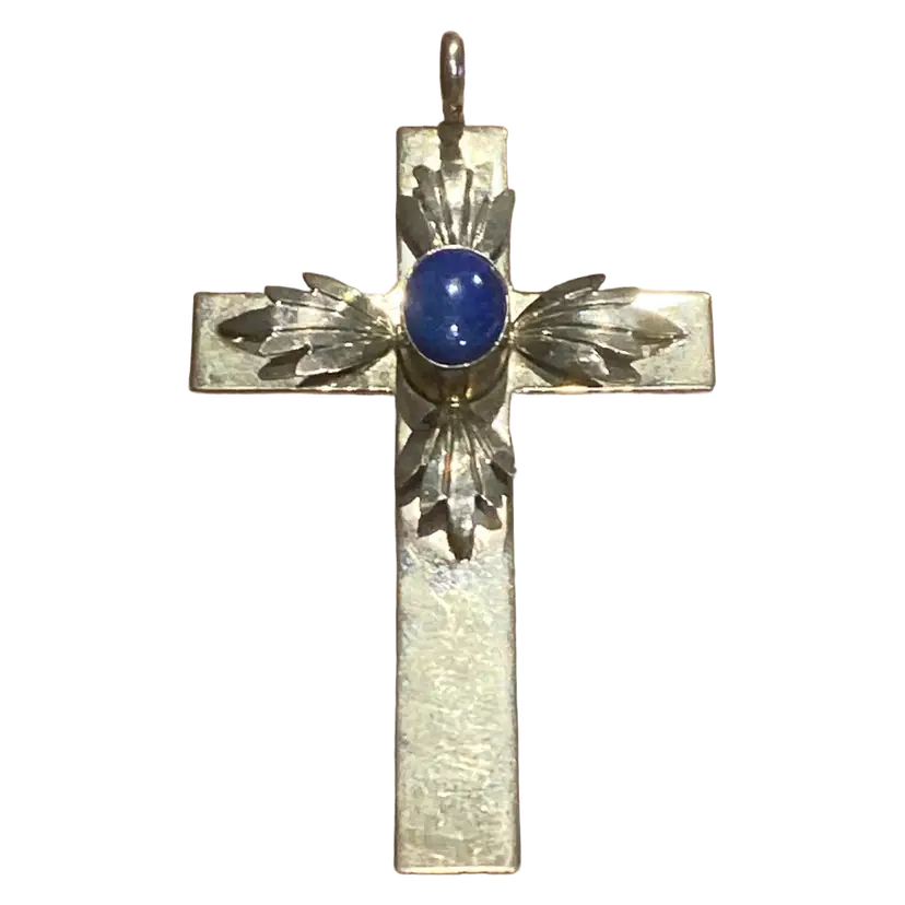 Sterling Silver Cross Pendant w/ Lapis Lazuli Stone Set in Leaf Design, 2.25"