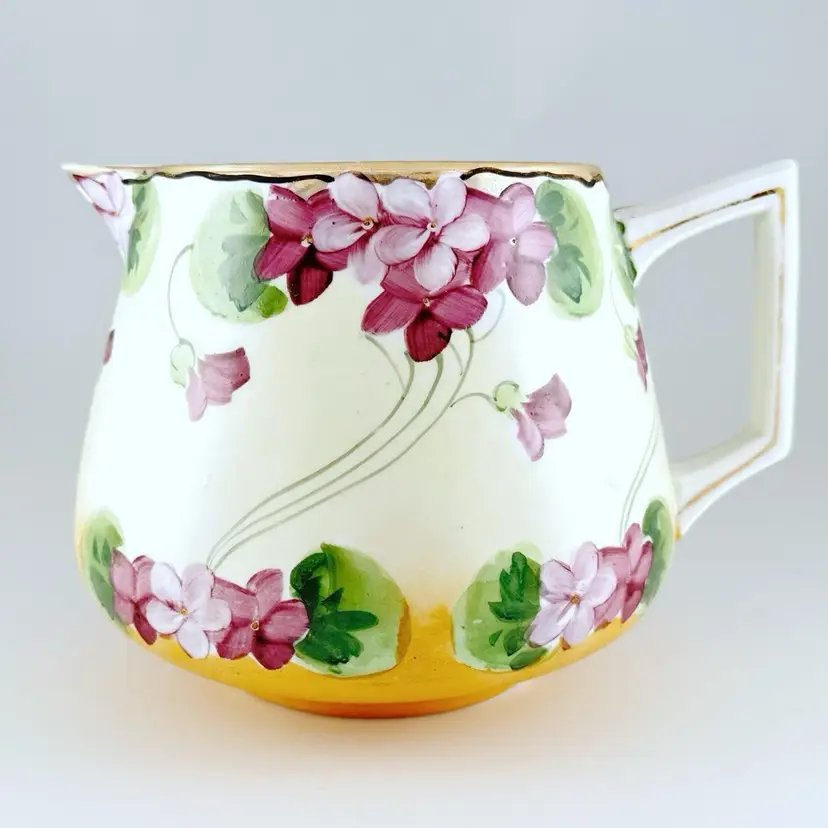 Nippon Porcelain Cider Jug or Pitcher, Hand-Painted Purple Violets Flowers, Antique Made in Japan