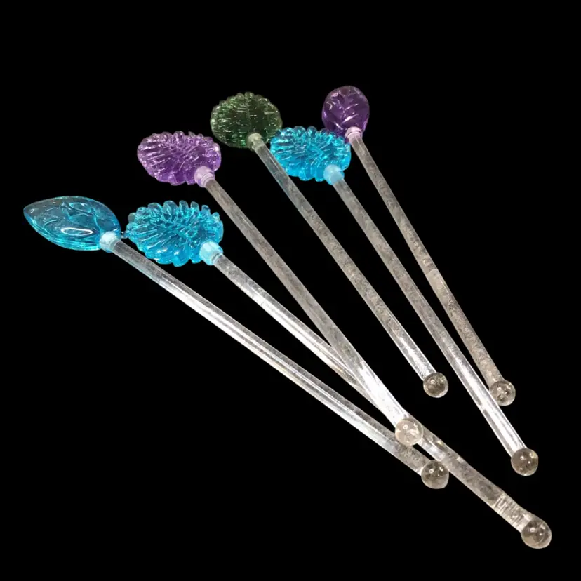 #28- POW Set of 6 Lovely Acrylic Tropical leaves Swizzle sticks 8”