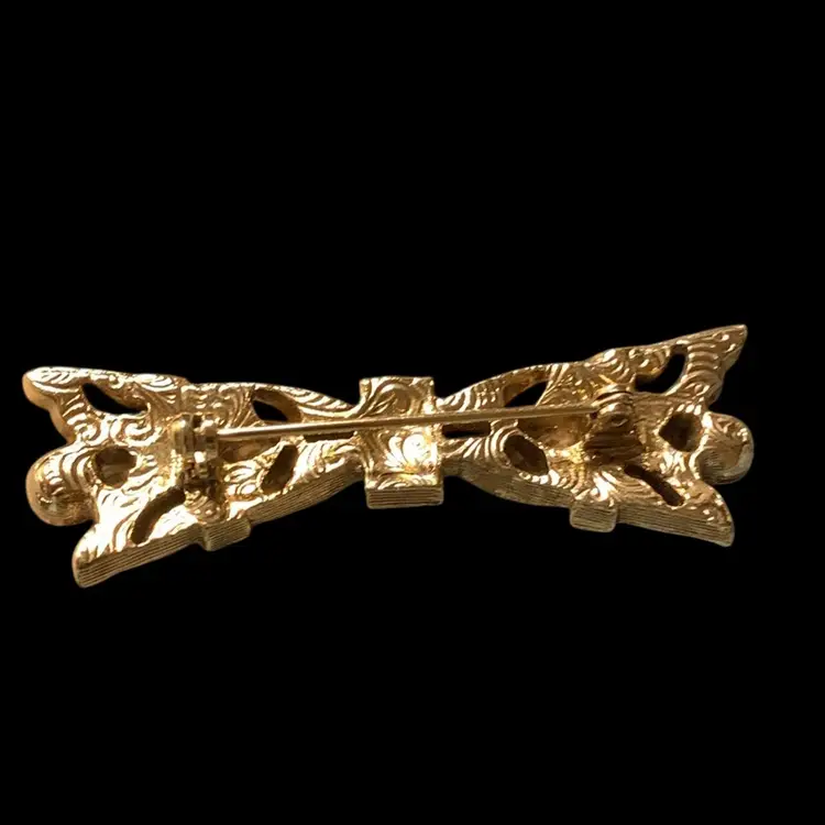 1928 Gold Tone Black Baquette Rhinestones, Open Work Design White Rhinestones Bar Brooch