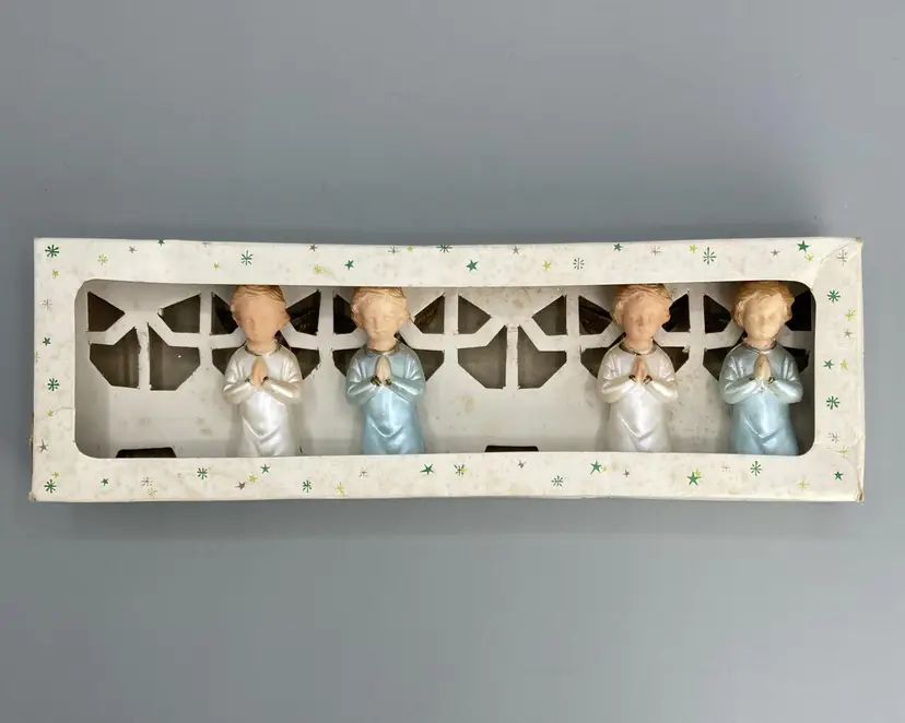 Four Praying Angels - Hand Decorated - Hong Kong Miniatures in OG Box - Vintage