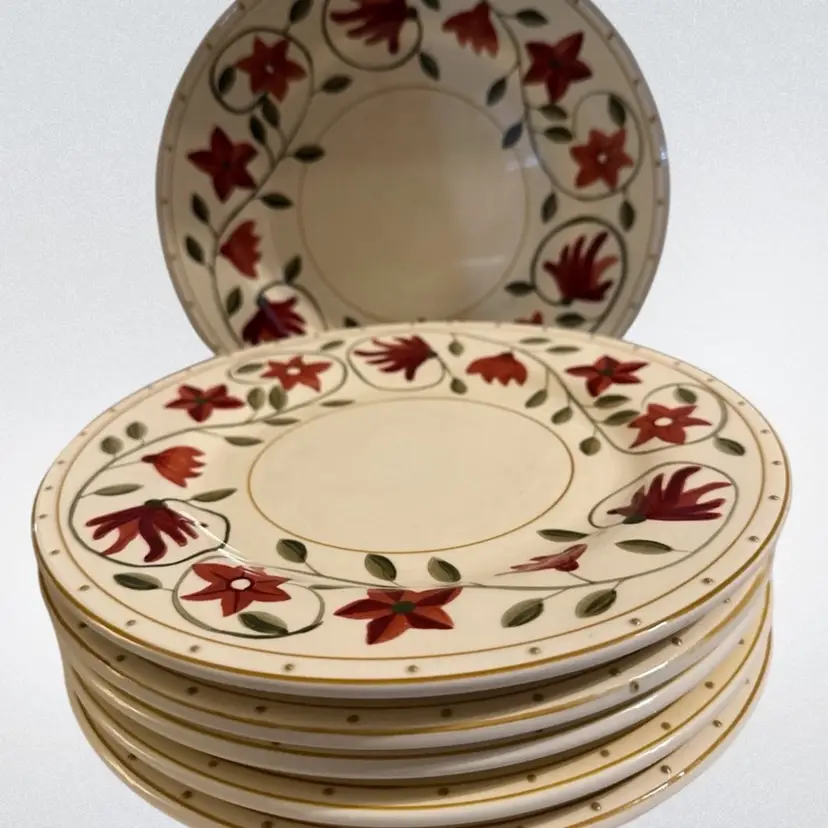 WORLD MARKET Ceramic RED Floral Off White Lunch Salad Desert PLATE Set Of 6