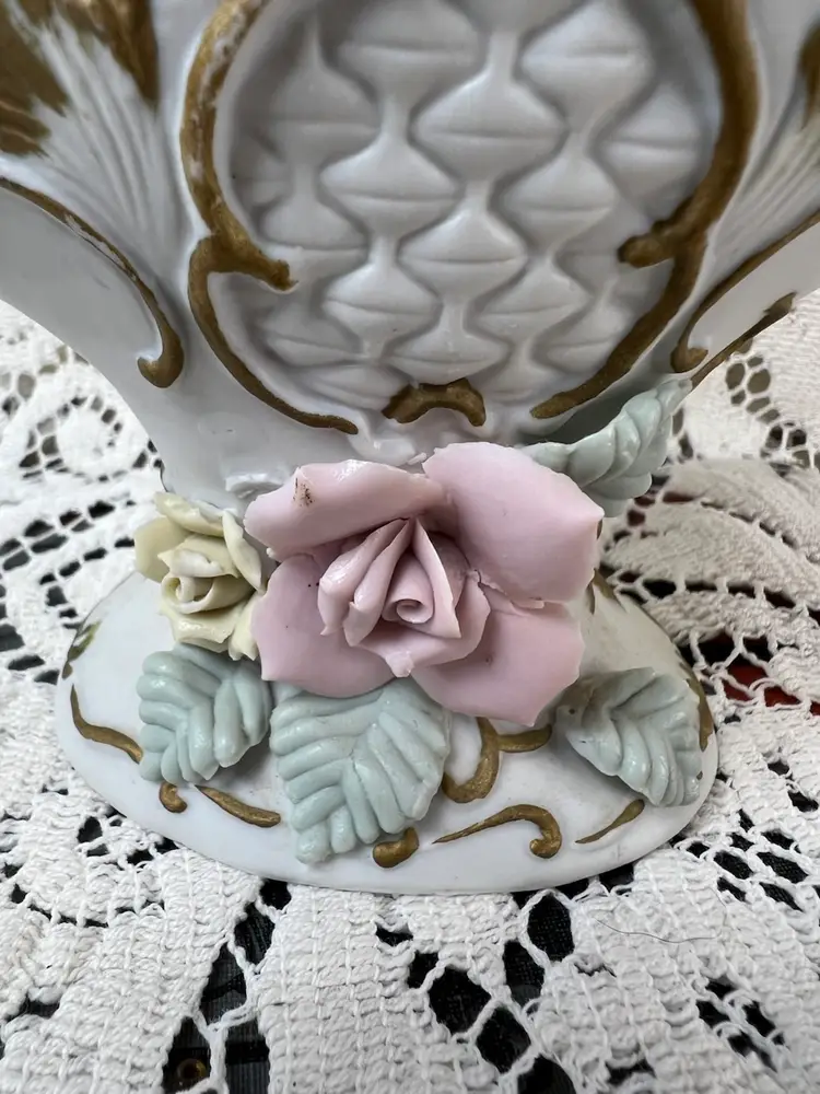 #01 123 Vintage Bisque Ceramic Gilded Applied Pink Rose And Leaves Basket 5.25 X 4.25 X 3"