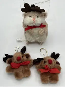 Lot Of 3 -1 Gang  Tan LiL Hamster plush Christmas Reindeer & 2 Vintage Ornaments