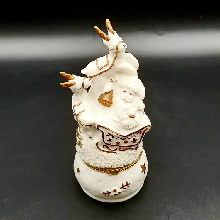 Santa Reindeer Hinged Trinket Box Ivory & Gold with Textured Glittery Snow