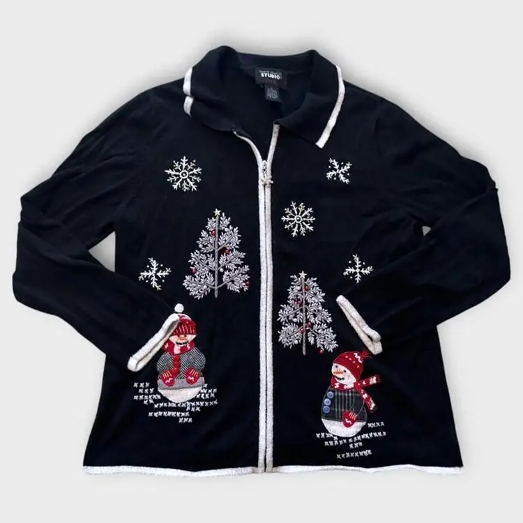 Y2K Era Full Zip Christmas Sweater Snowman Christmas Tree Designers Original Studio Joy Large FLAW READ