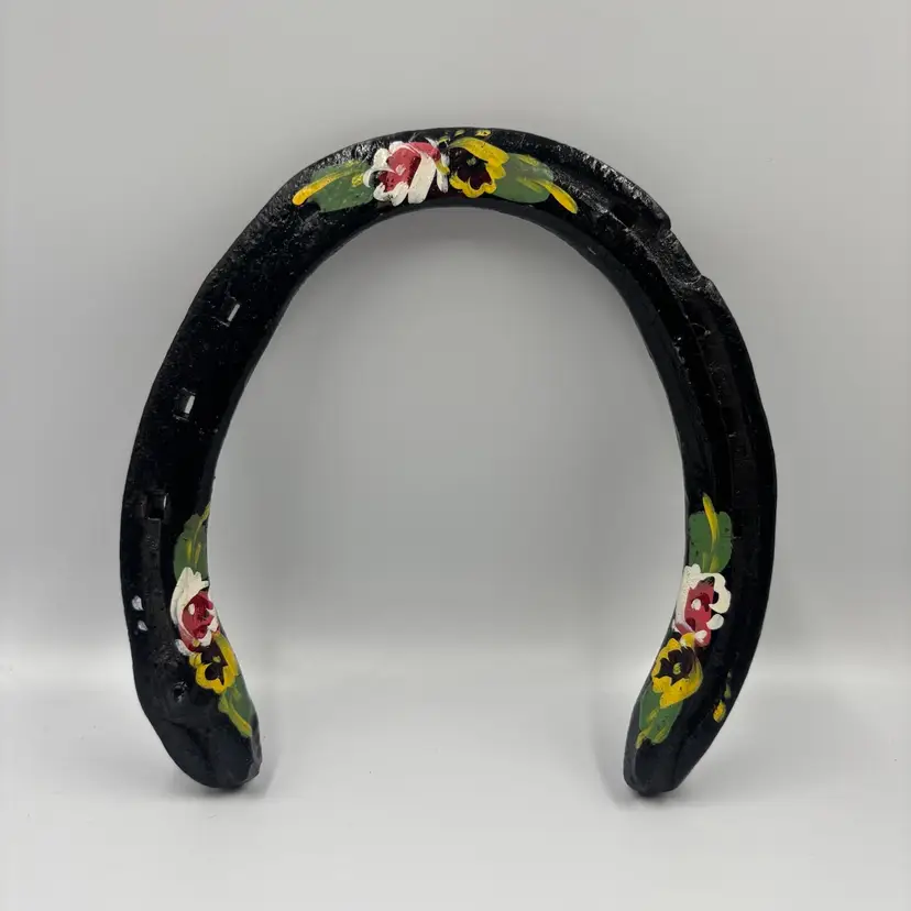 Hand Painted Narrow Cast Iron Horseshoe with Flowers 6”